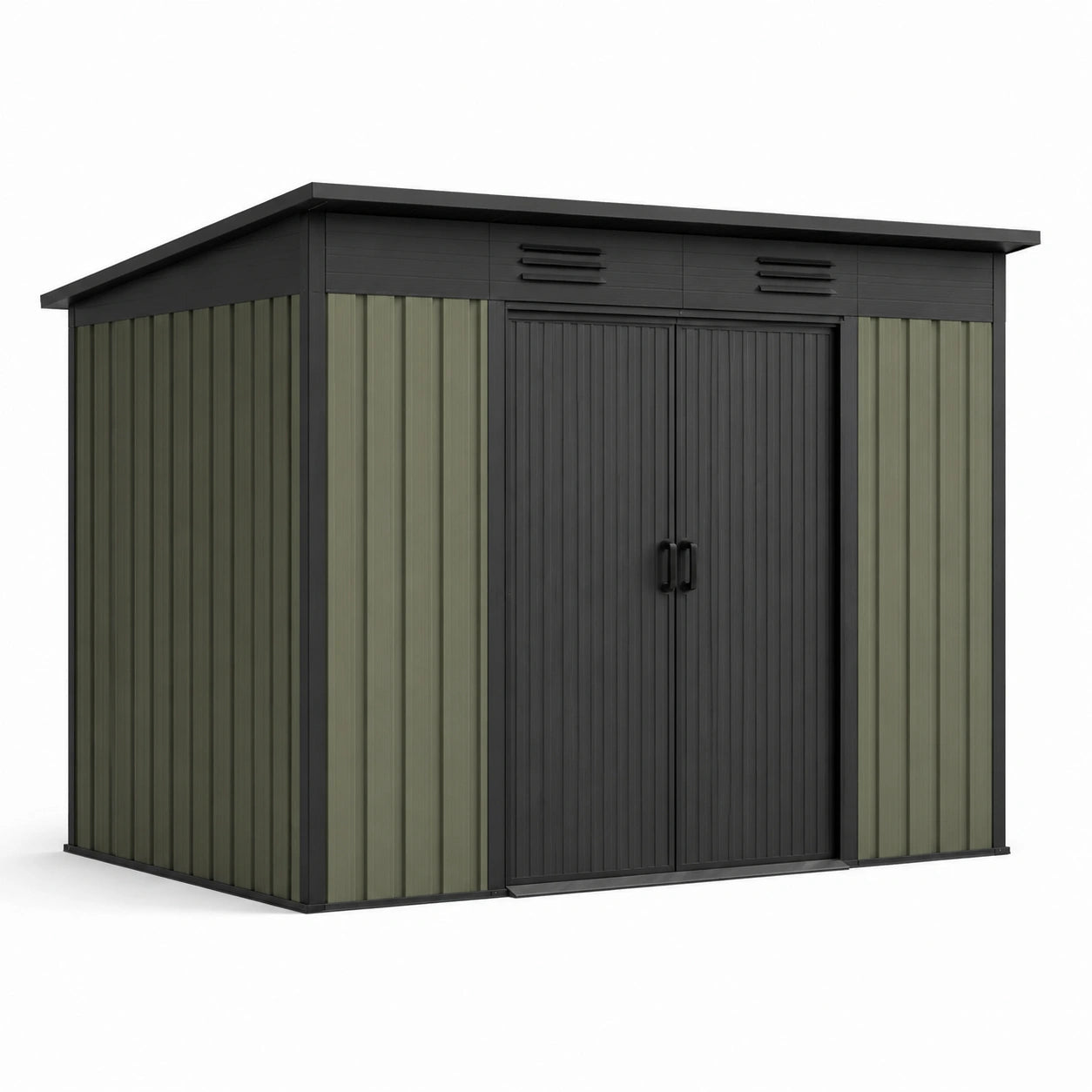 Abri de jardin en métal avec toit incliné vert et gris