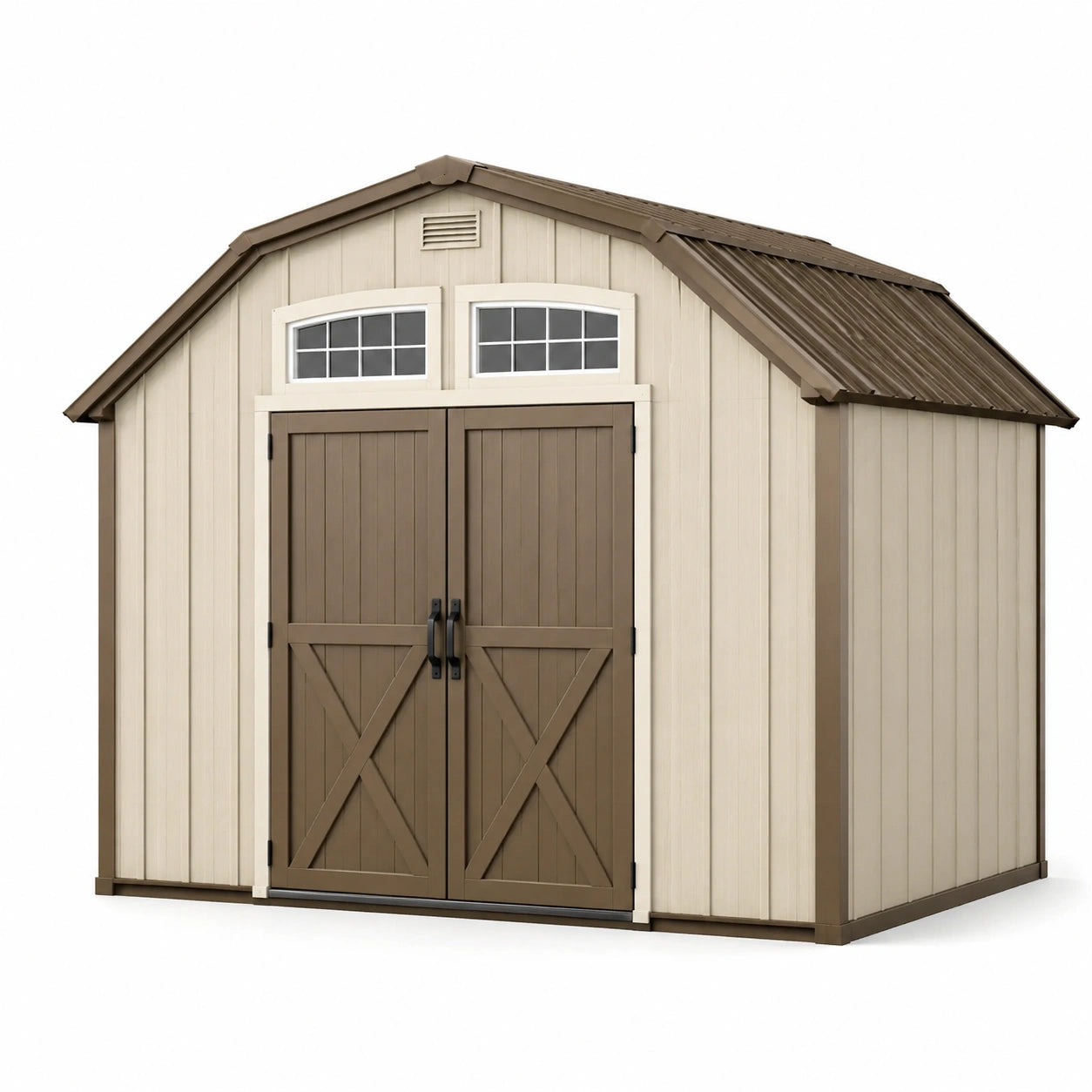 Abri de jardin en résine beige et marron avec portes et fenêtres