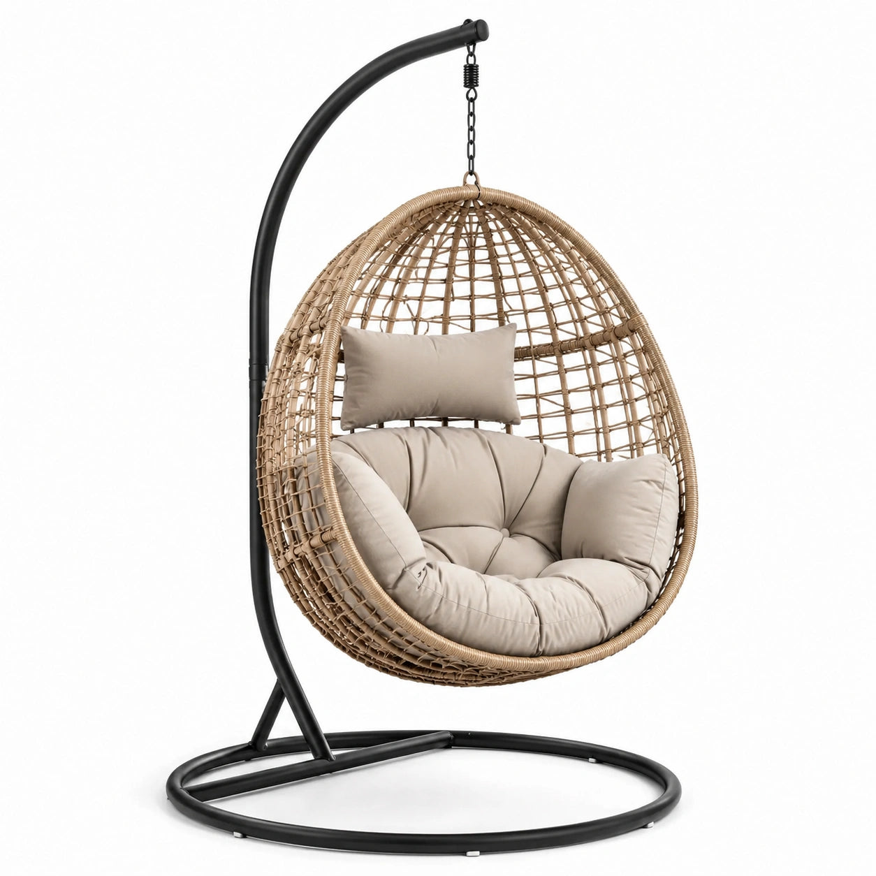Chaise suspendue en rotin avec coussin beige et support métallique