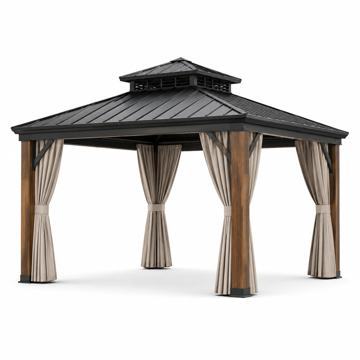 Pavillon extérieur en bois et métal noir avec rideaux en polyester