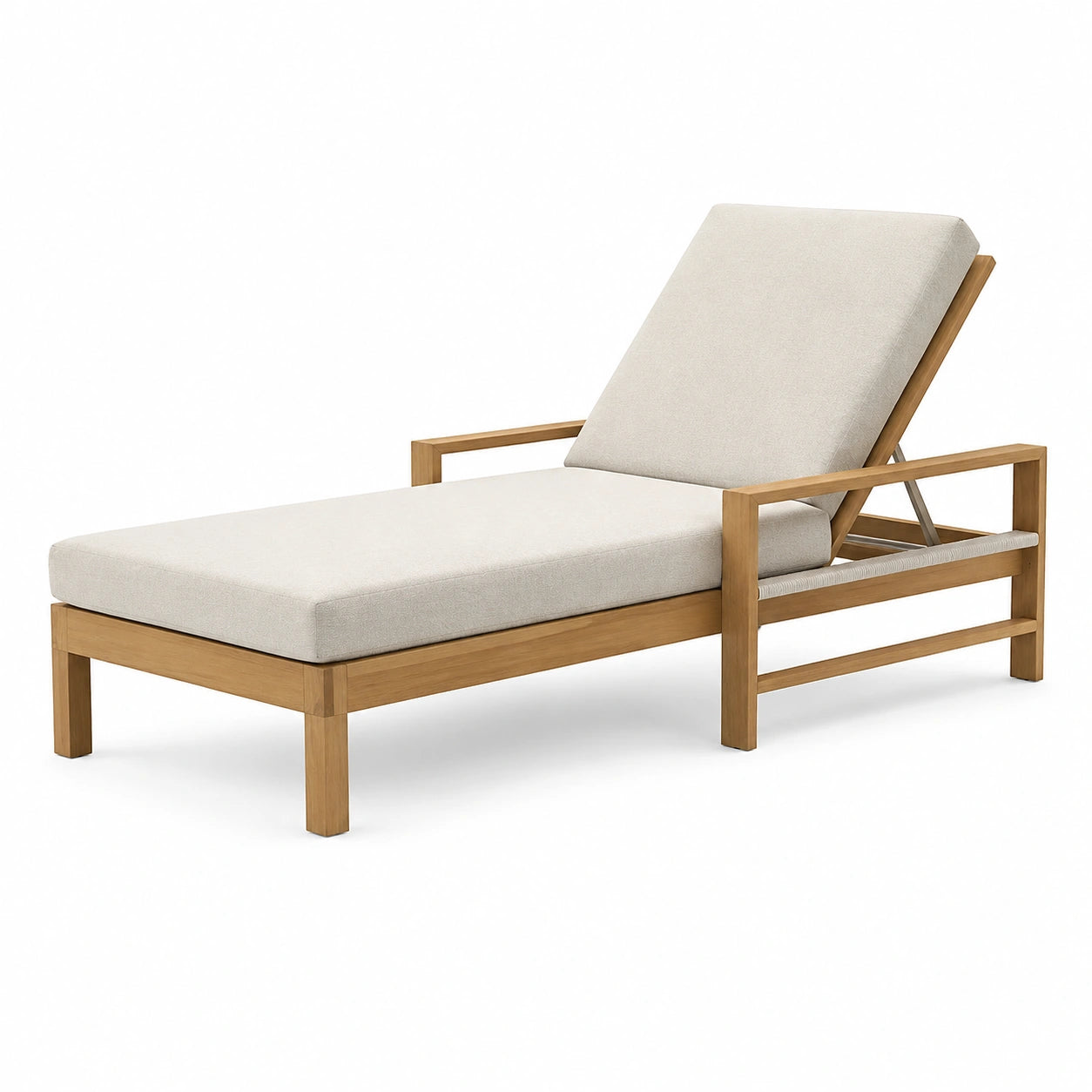 Chaise longue en bois avec coussin en lin réglable beige