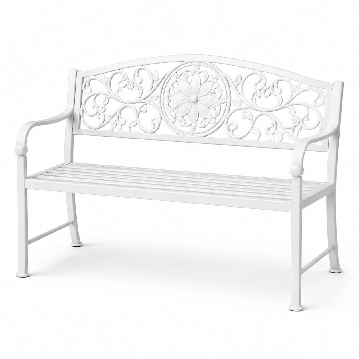 Banc de jardin en métal avec motif floral blanc