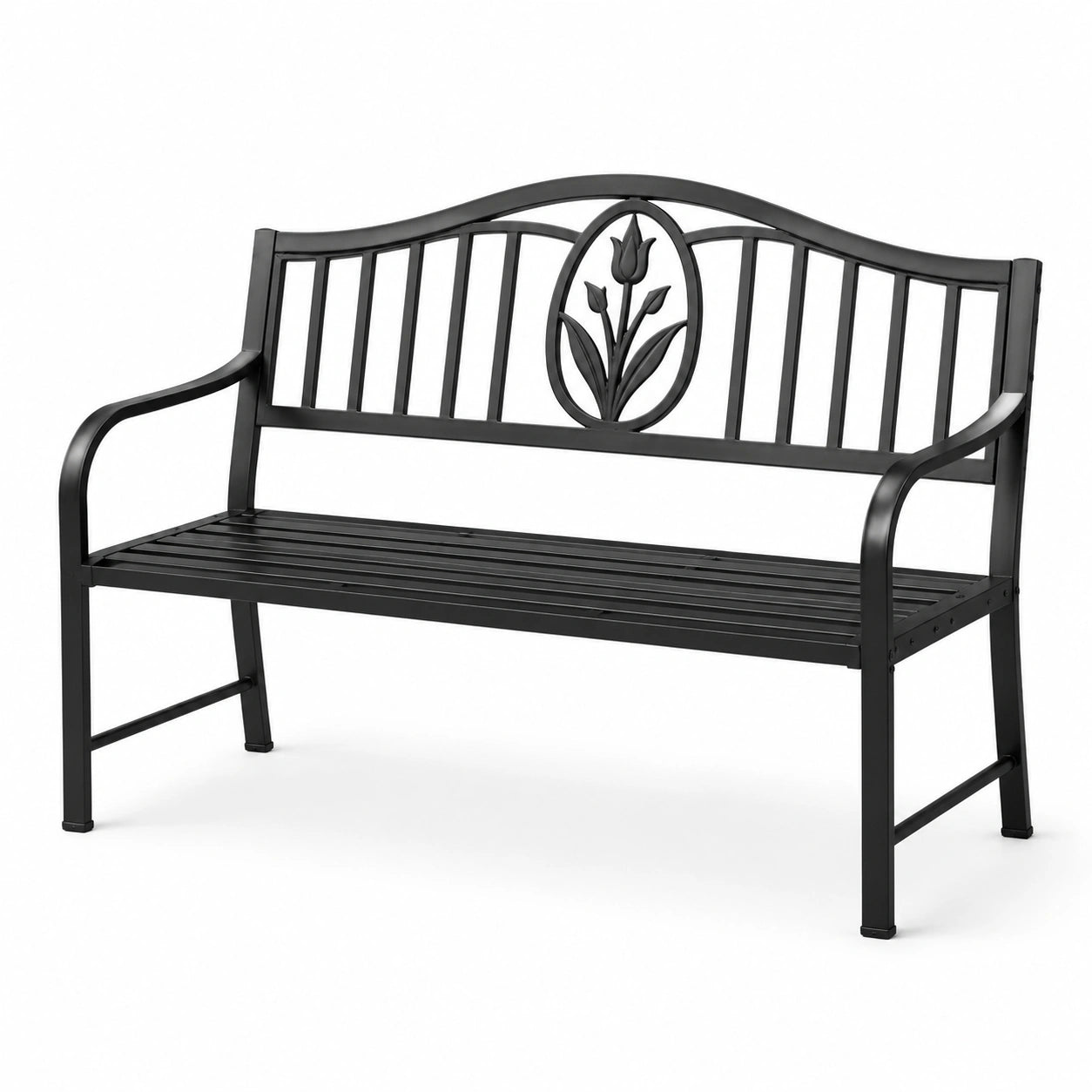 Banc de jardin en métal noir avec motif tulipe