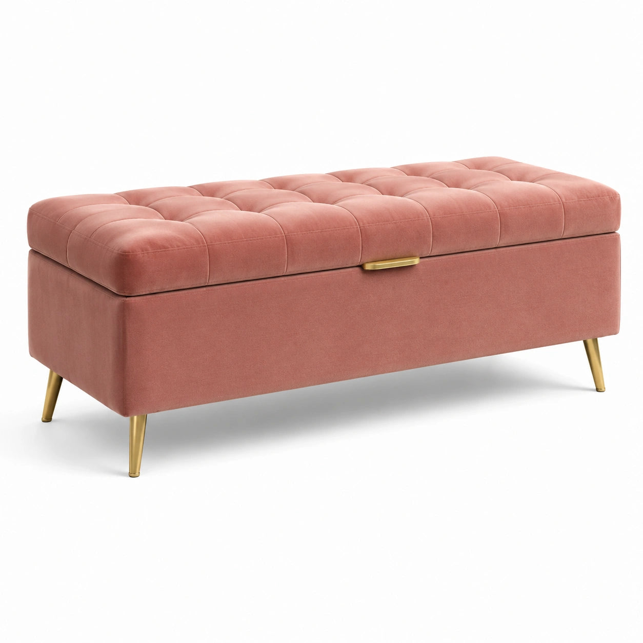 Banc de rangement en velours rose avec pieds en métal