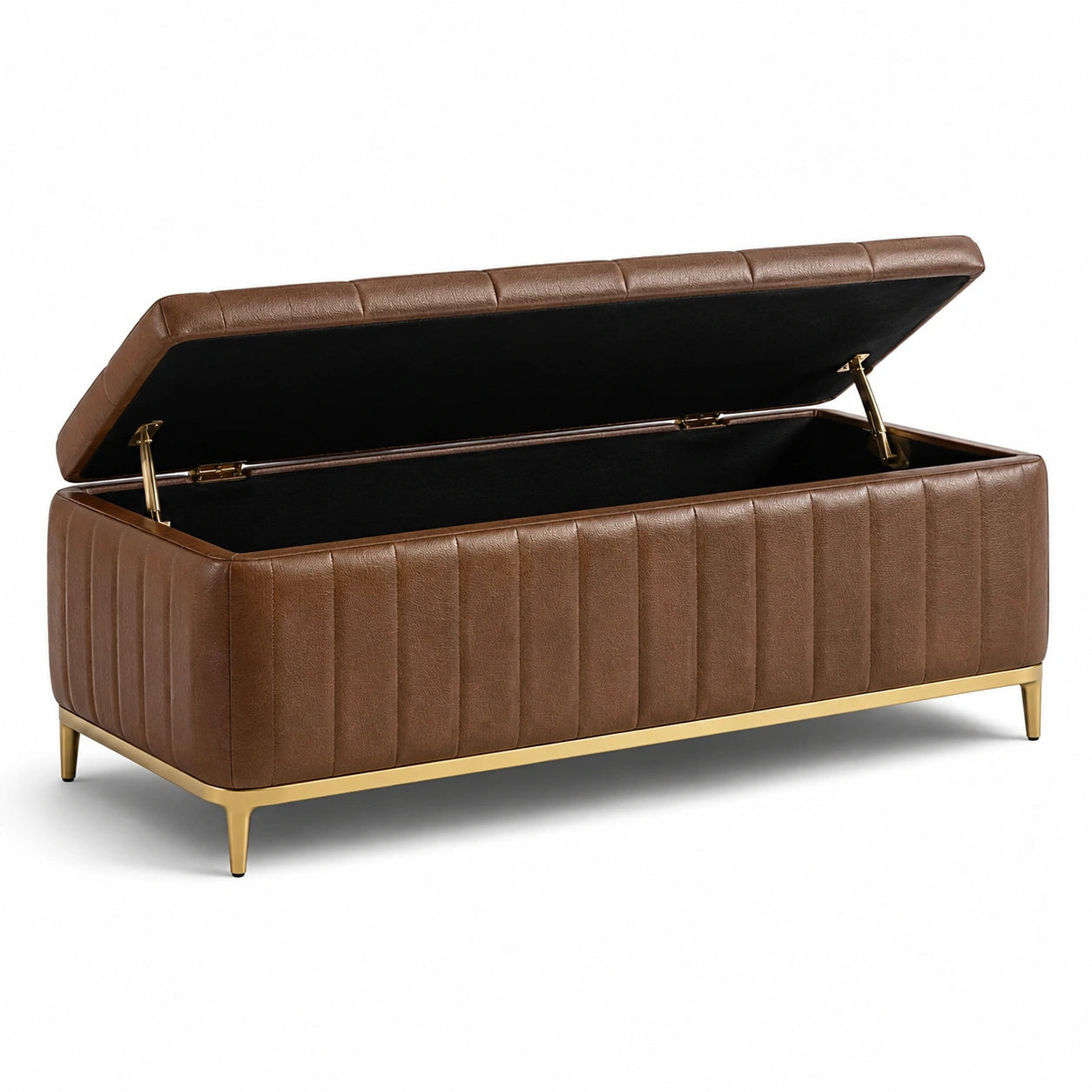 Banc de rangement en cuir synthétique marron avec pieds en métal doré