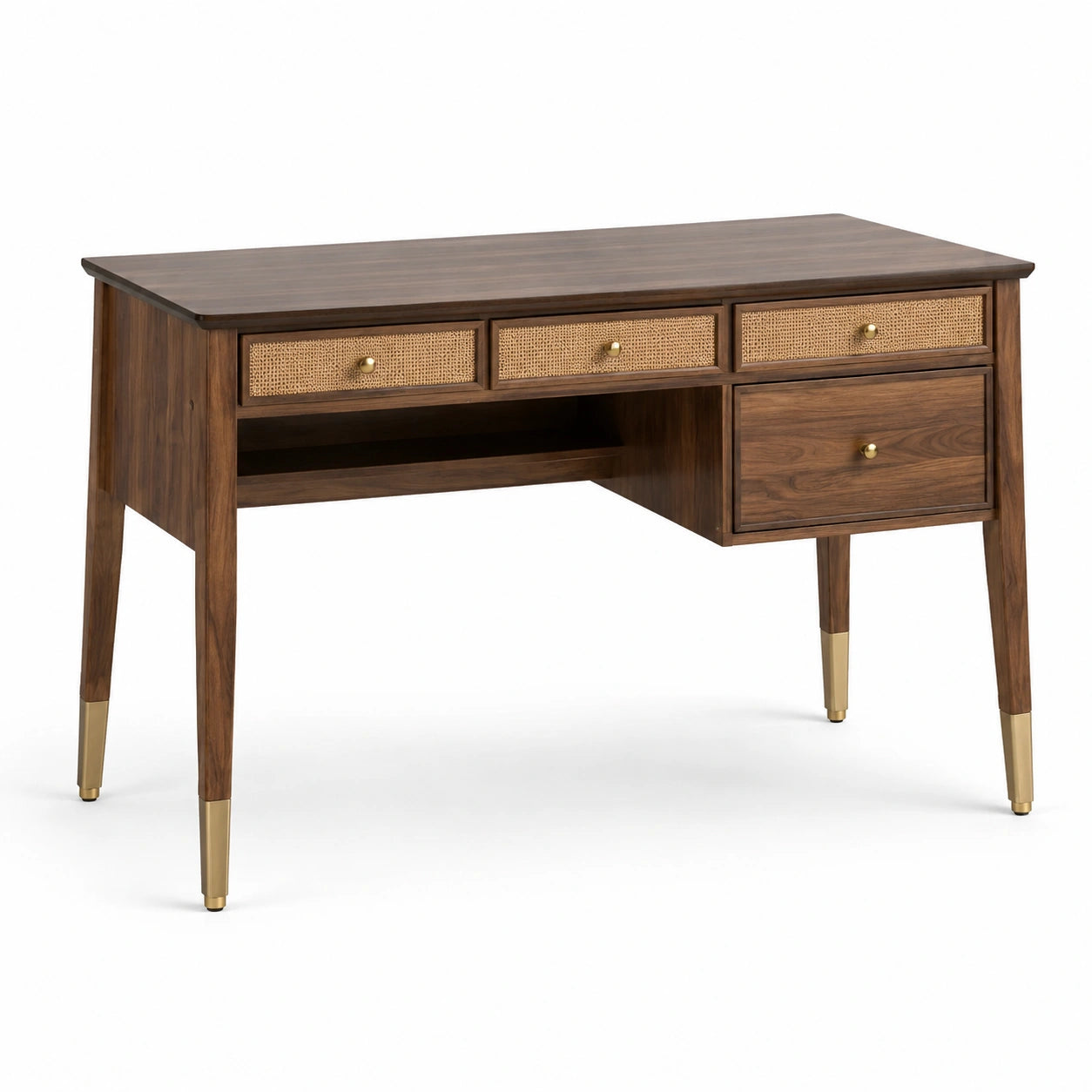 Bureau en noyer avec tiroirs en rotin et pieds en laiton