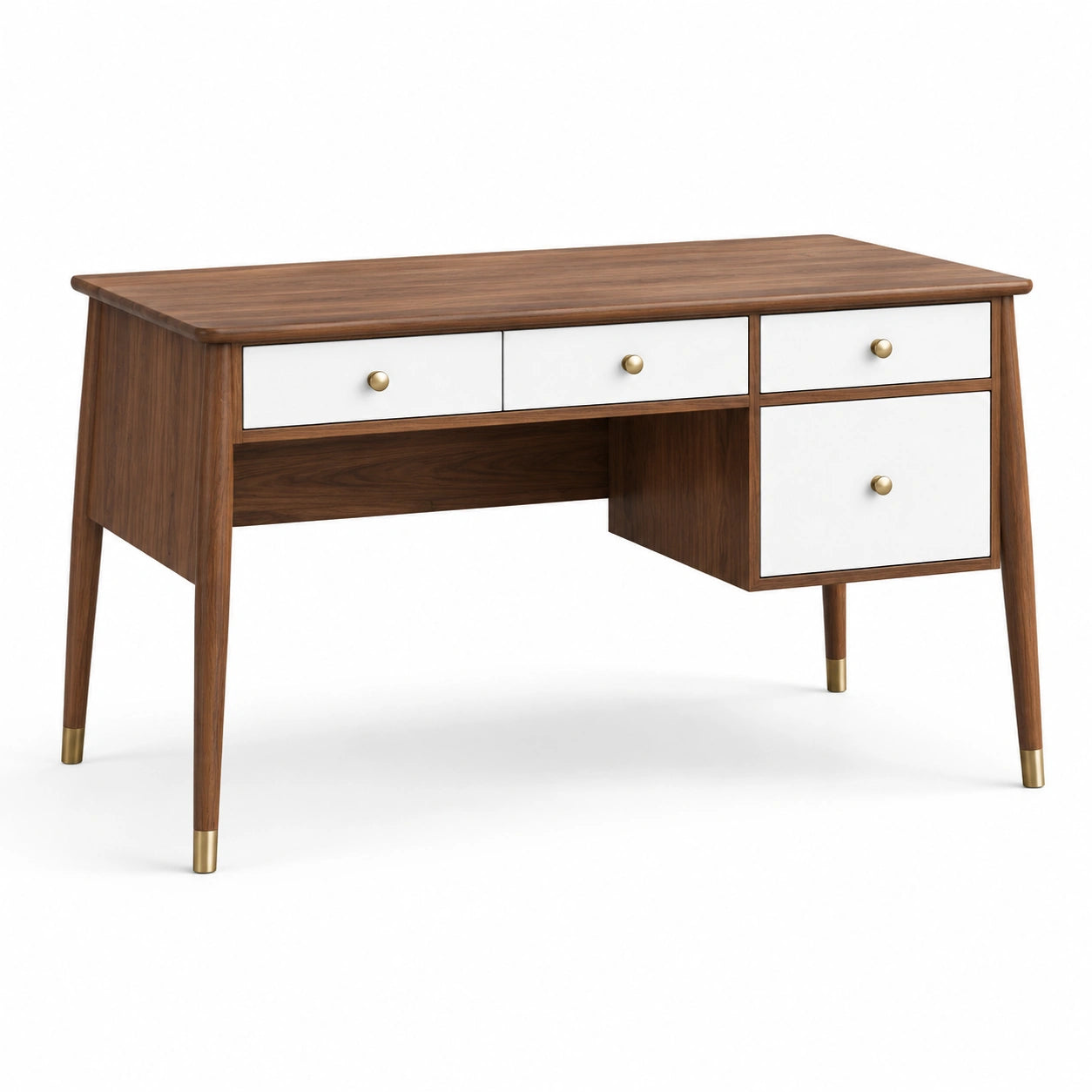 Bureau en bois avec tiroirs blancs et poignées dorées