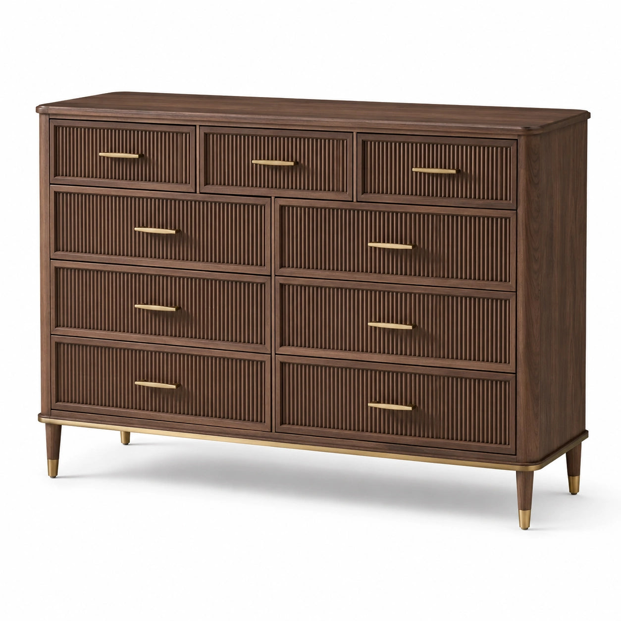 Commode en bois de noyer avec poignées en laiton et 9 tiroirs